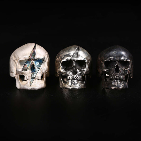 Gothic 925 Sterling Silver & Titanium Lightning Skull Ring - Retro Niche High-end Domineering Motorcycle Ring