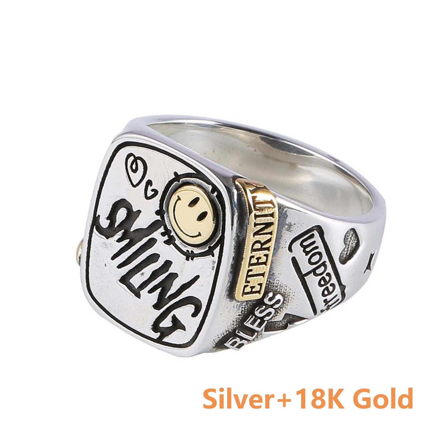 Vintage 925 Sterling Silver & 18K Gold Smiley Face Graffiti Lucky Ring - Retro High-end Light Luxury Niche Ring