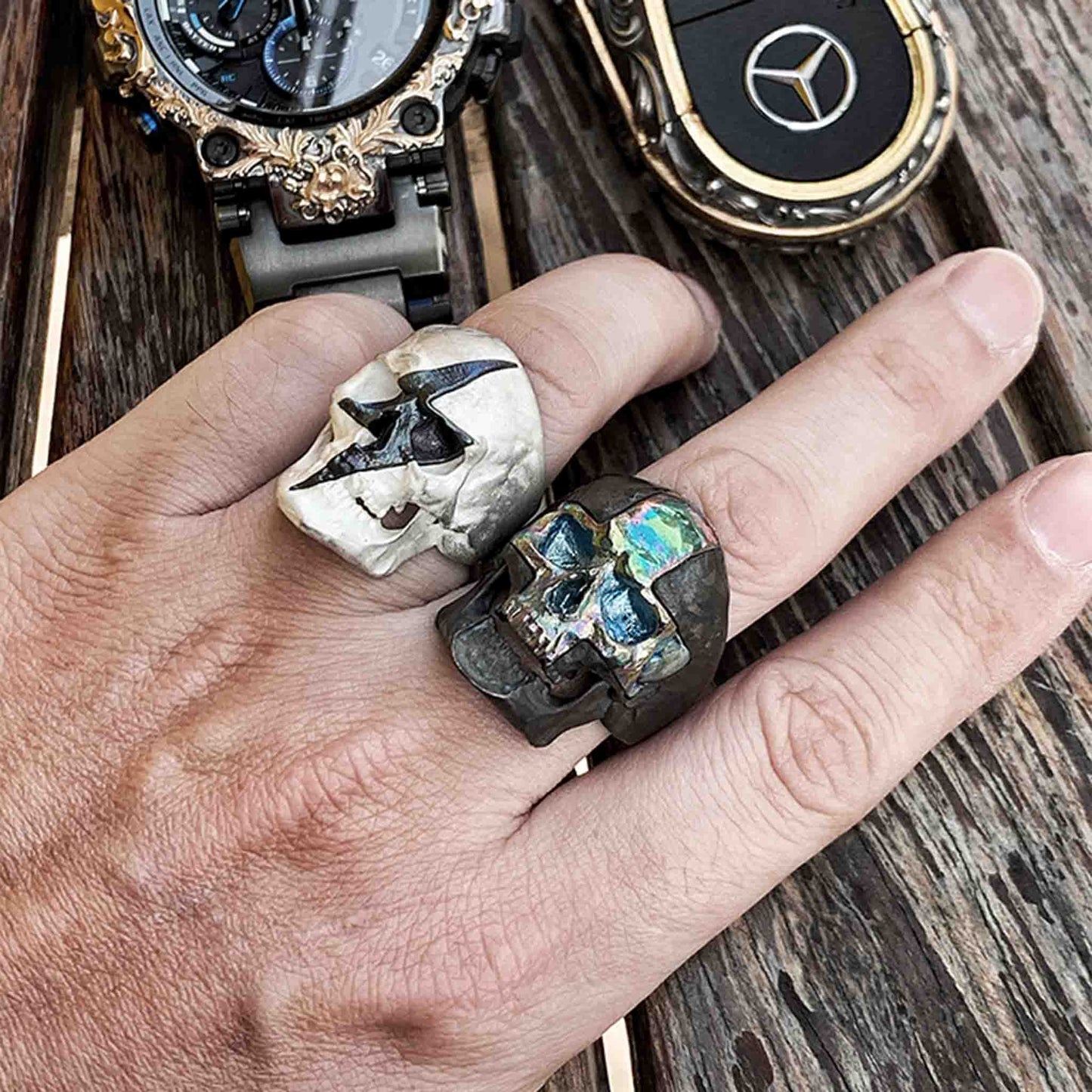 Gothic 925 Sterling Silver & Titanium Lightning Skull Ring - Retro Niche High-end Domineering Motorcycle Ring