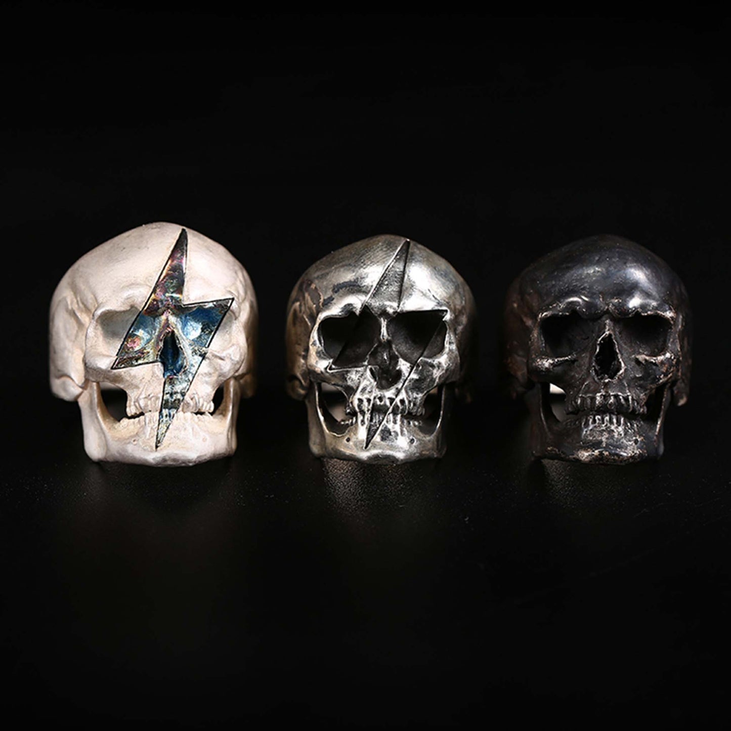 Gothic 925 Sterling Silver & Titanium Lightning Skull Ring - Retro Niche High-end Domineering Motorcycle Ring