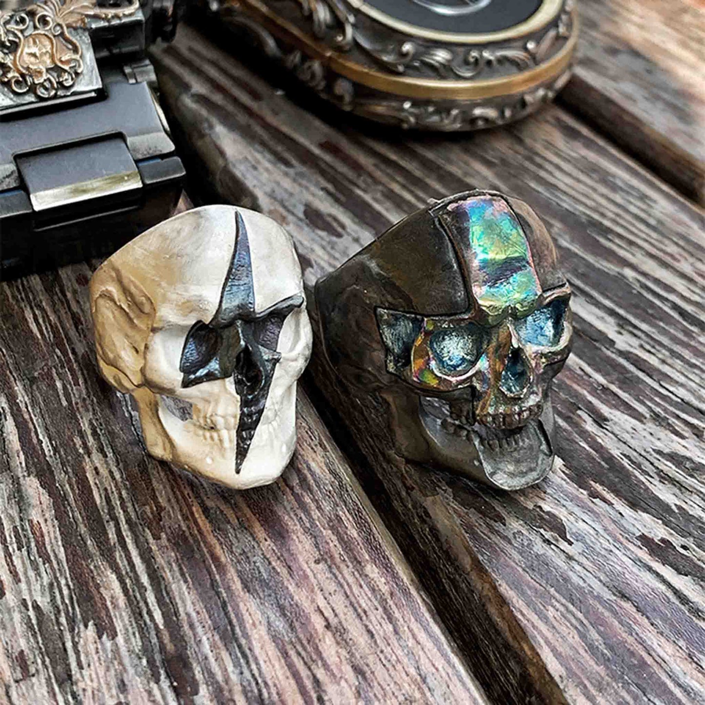 Gothic 925 Sterling Silver & Titanium Lightning Skull Ring - Retro Niche High-end Domineering Motorcycle Ring