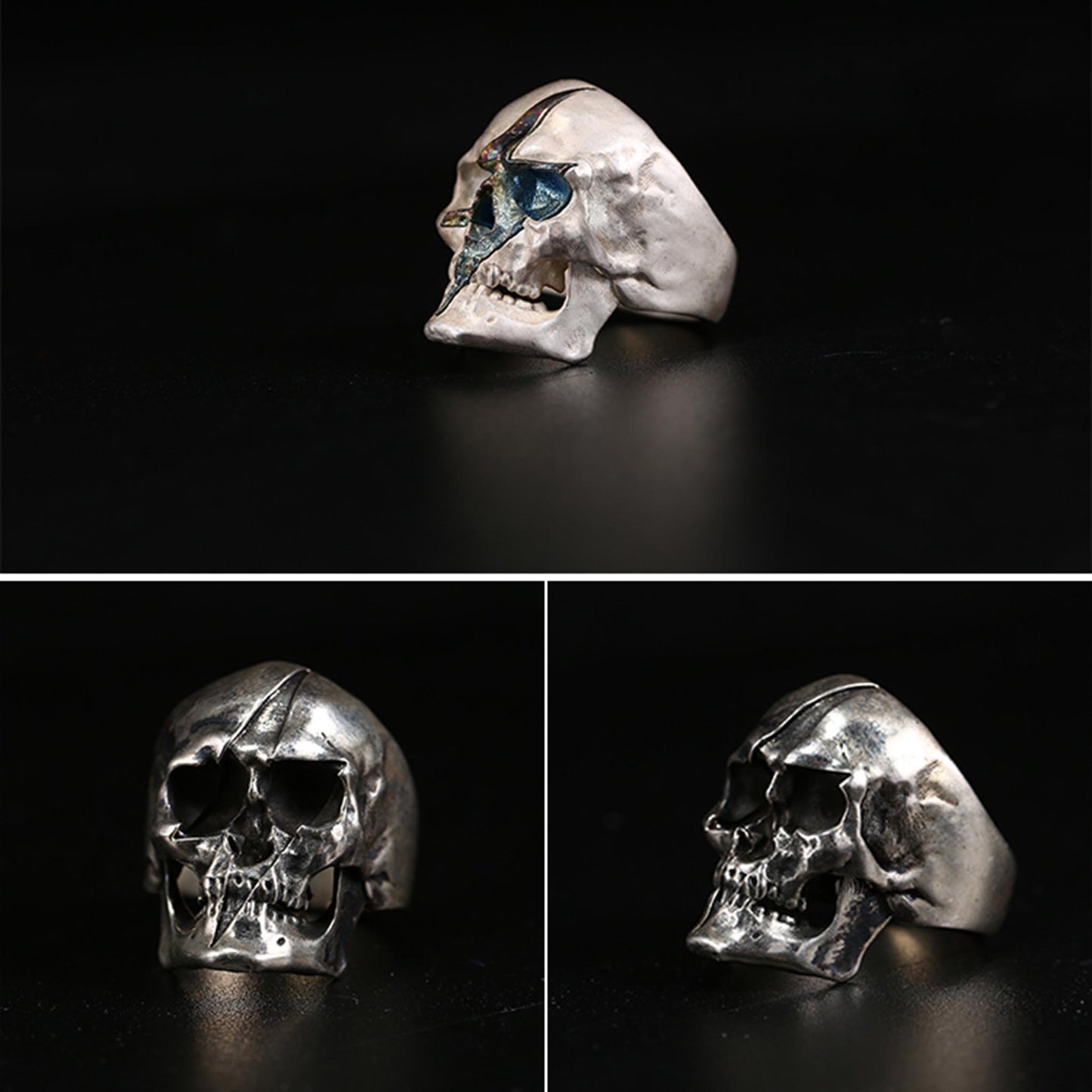 Gothic 925 Sterling Silver & Titanium Lightning Skull Ring - Retro Niche High-end Domineering Motorcycle Ring