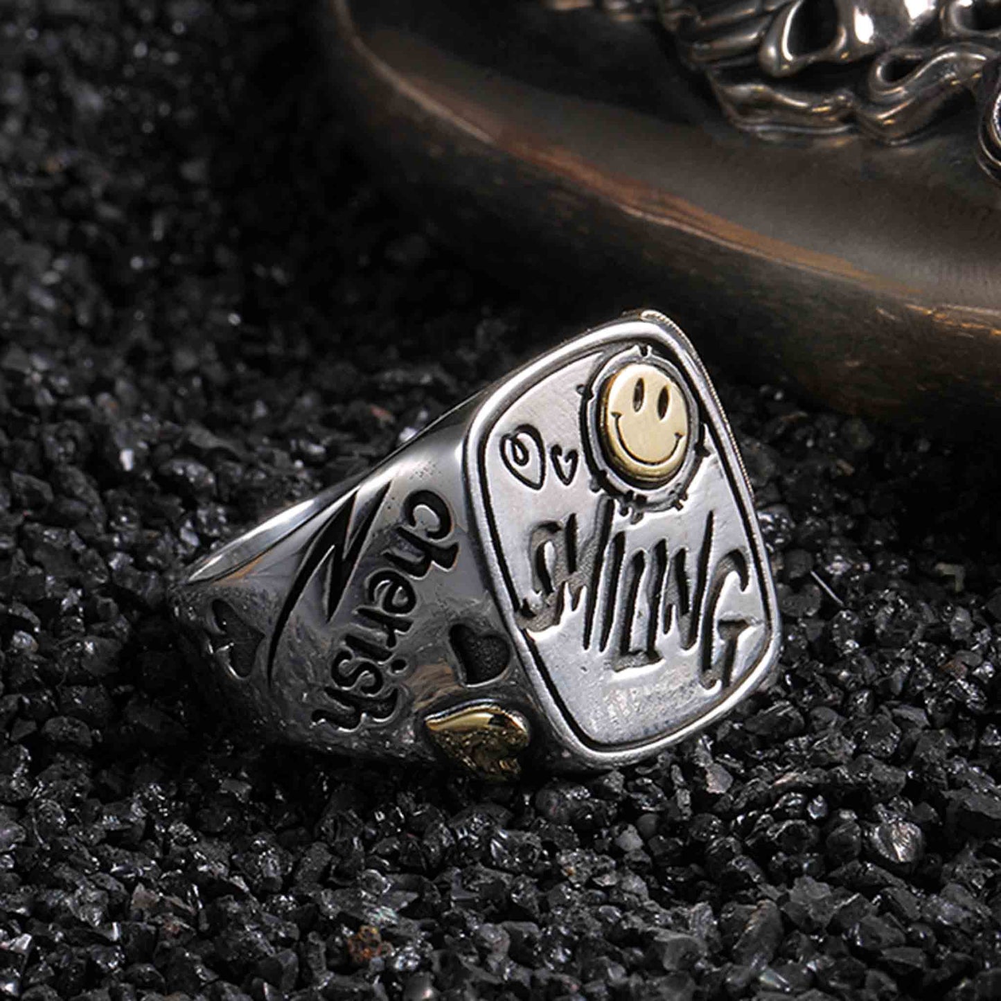Vintage 925 Sterling Silver & 18K Gold Smiley Face Graffiti Lucky Ring - Retro High-end Light Luxury Niche Ring