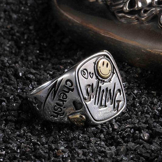 Vintage 925 Sterling Silver & 18K Gold Smiley Face Graffiti Lucky Ring - Retro High-end Light Luxury Niche Ring