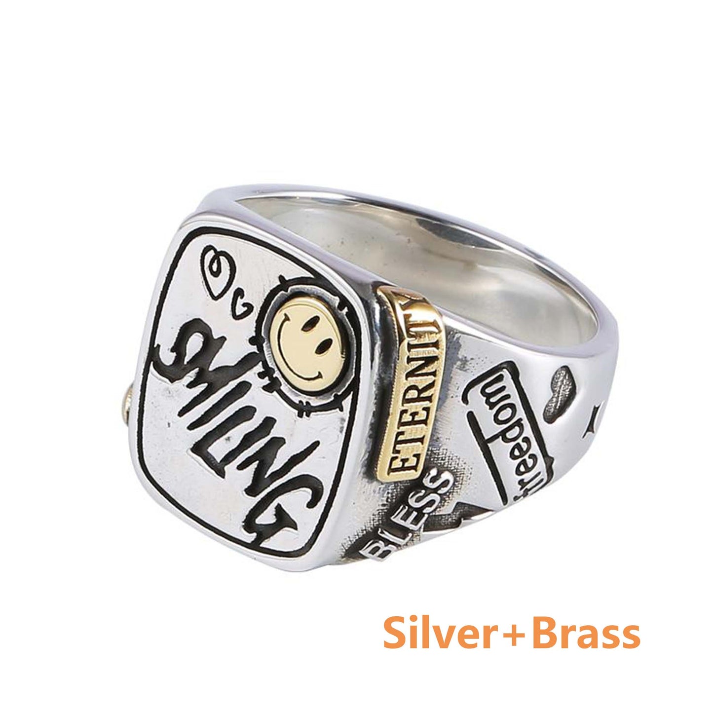 Vintage 925 Sterling Silver & 18K Gold Smiley Face Graffiti Lucky Ring - Retro High-end Light Luxury Niche Ring