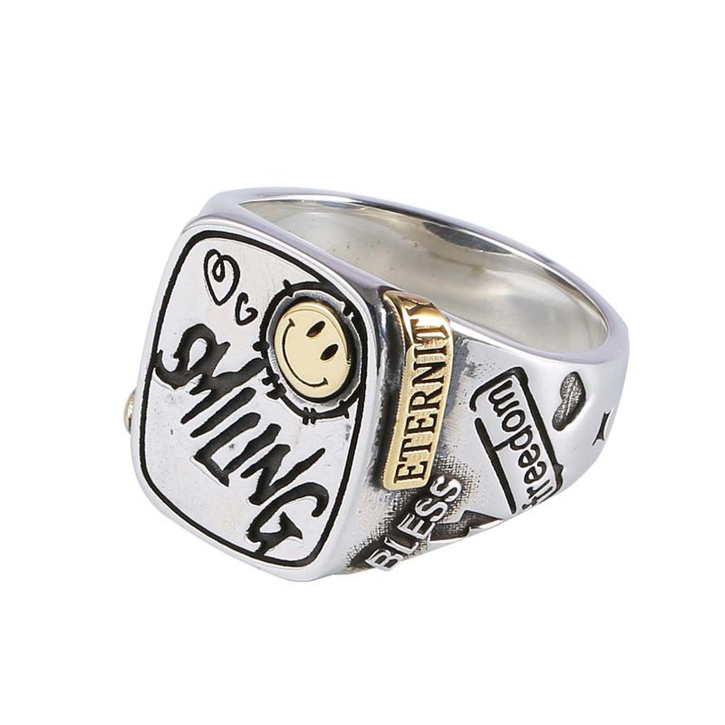 Vintage 925 Sterling Silver & 18K Gold Smiley Face Graffiti Lucky Ring - Retro High-end Light Luxury Niche Ring