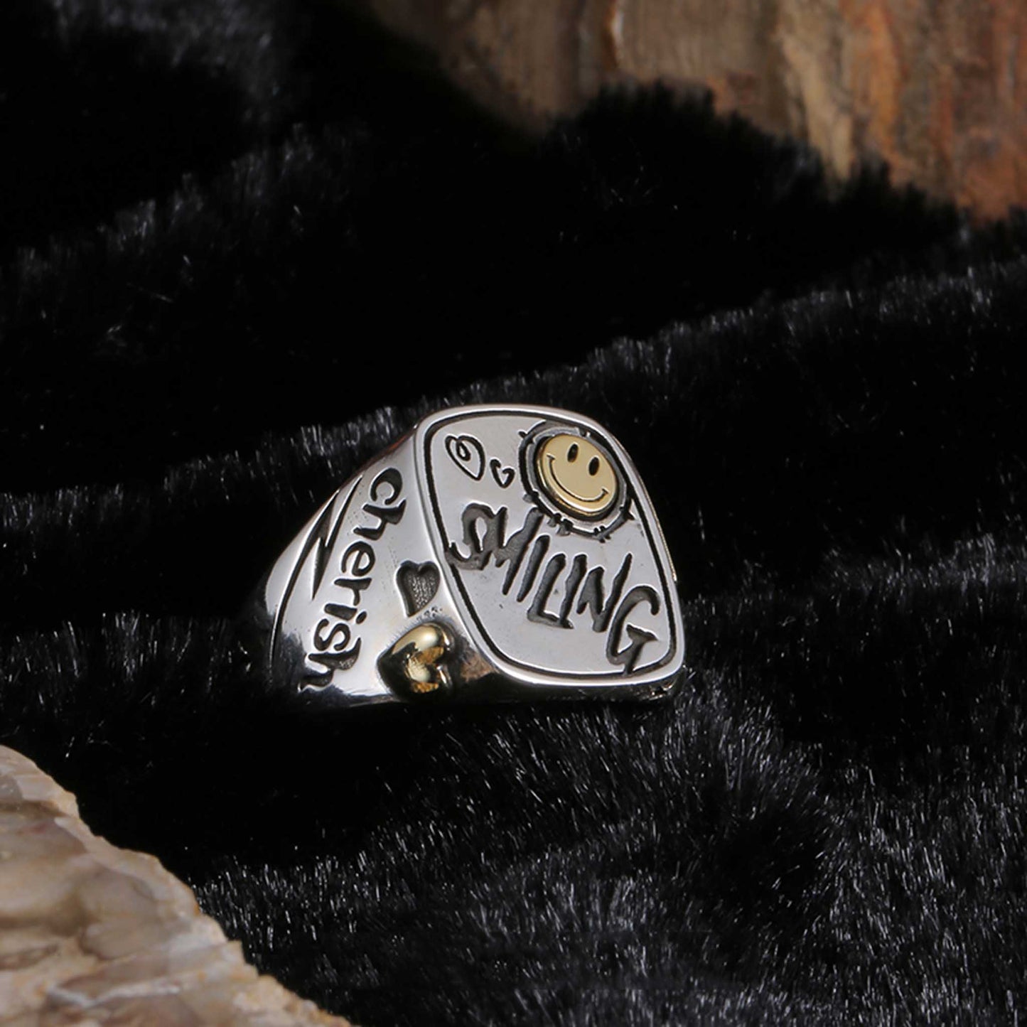 Vintage 925 Sterling Silver & 18K Gold Smiley Face Graffiti Lucky Ring - Retro High-end Light Luxury Niche Ring
