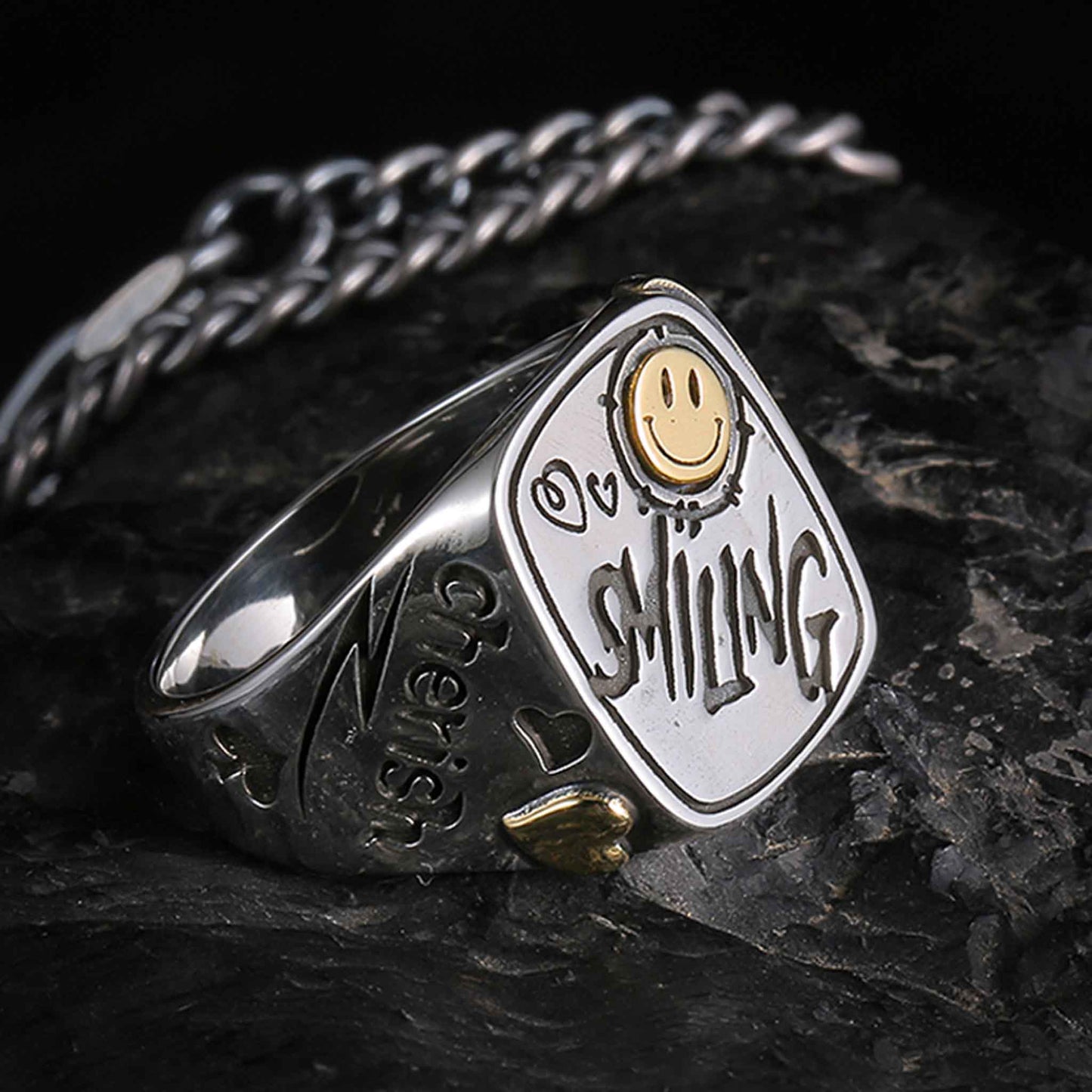 Vintage 925 Sterling Silver & 18K Gold Smiley Face Graffiti Lucky Ring - Retro High-end Light Luxury Niche Ring
