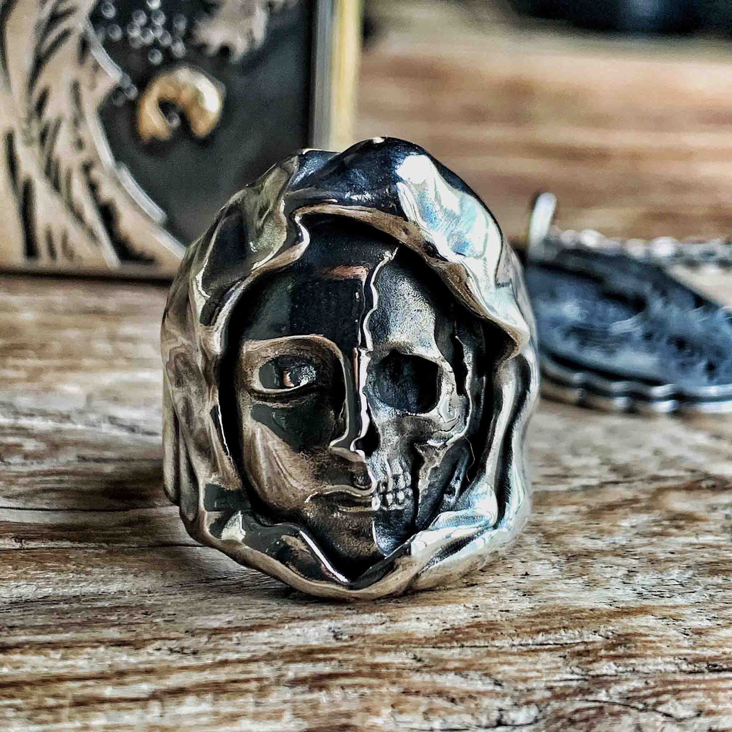 Vintage 925 Sterling Silver Virgin Mary Skull Mask Ring - Retro Gothic Niche Jewelry