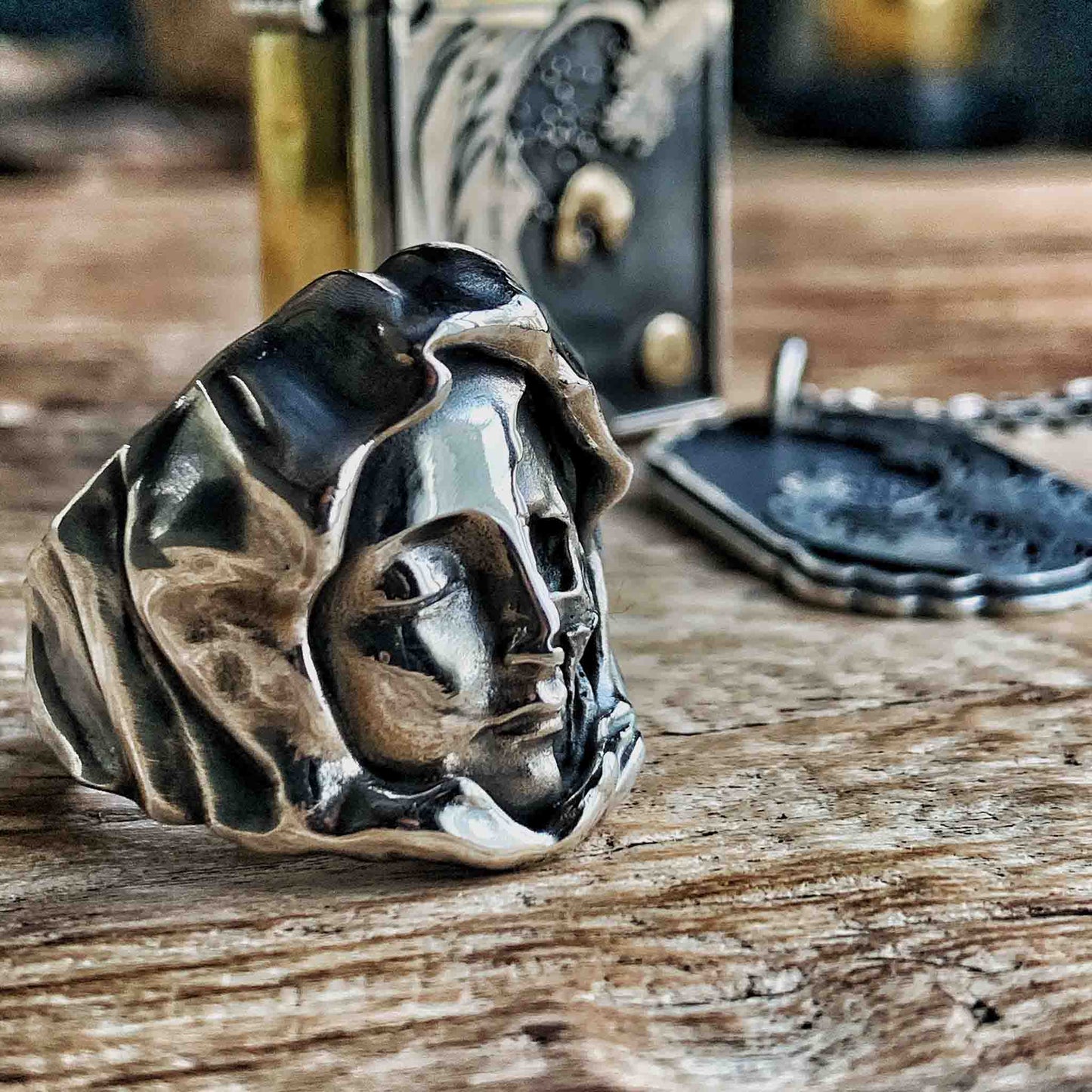 Vintage 925 Sterling Silver Virgin Mary Skull Mask Ring - Retro Gothic Niche Jewelry