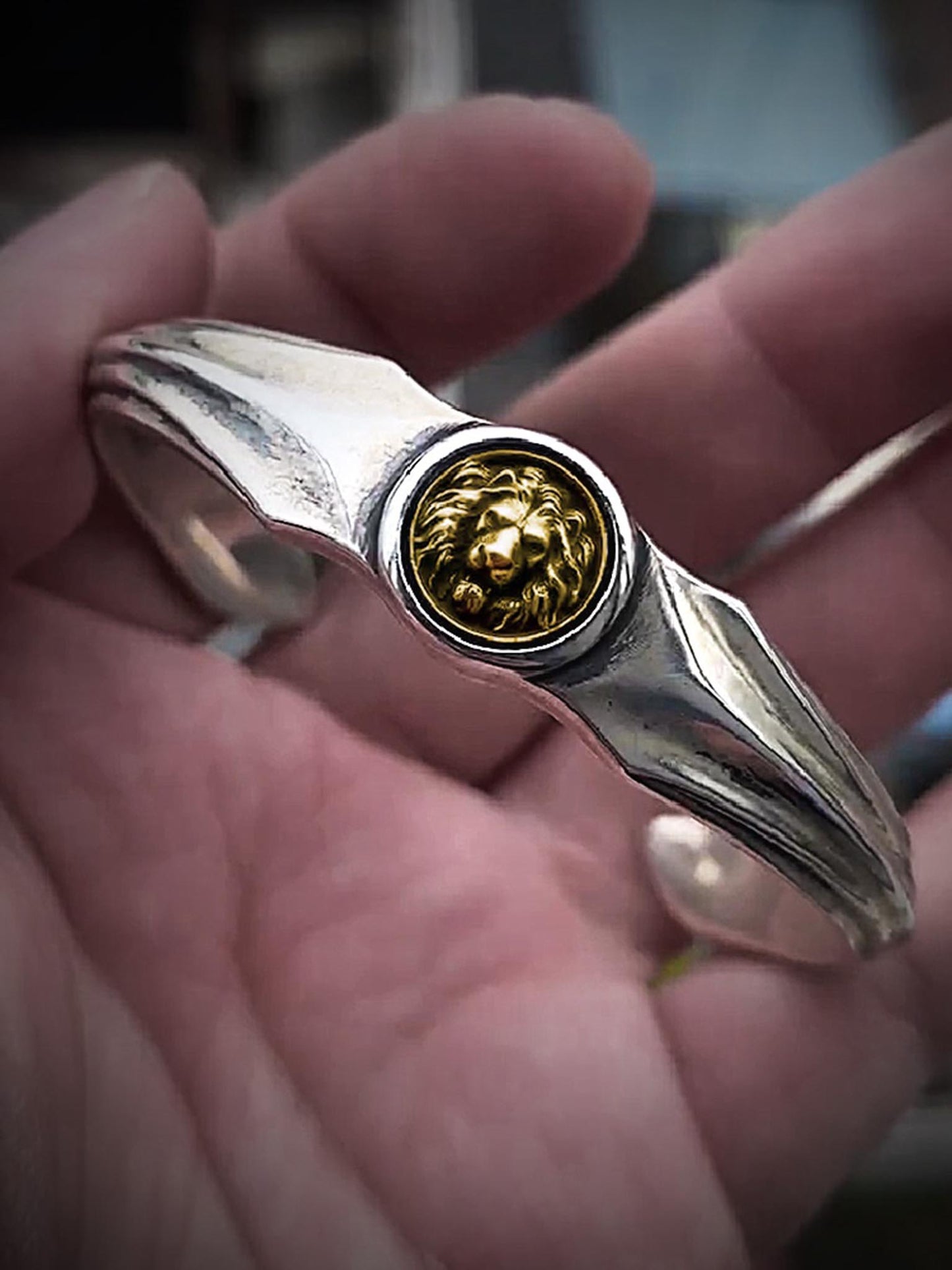 Gothic 925 Sterling Silver & 18K Gold Lion Head Bracelet - Retro Unique Statement Bangle