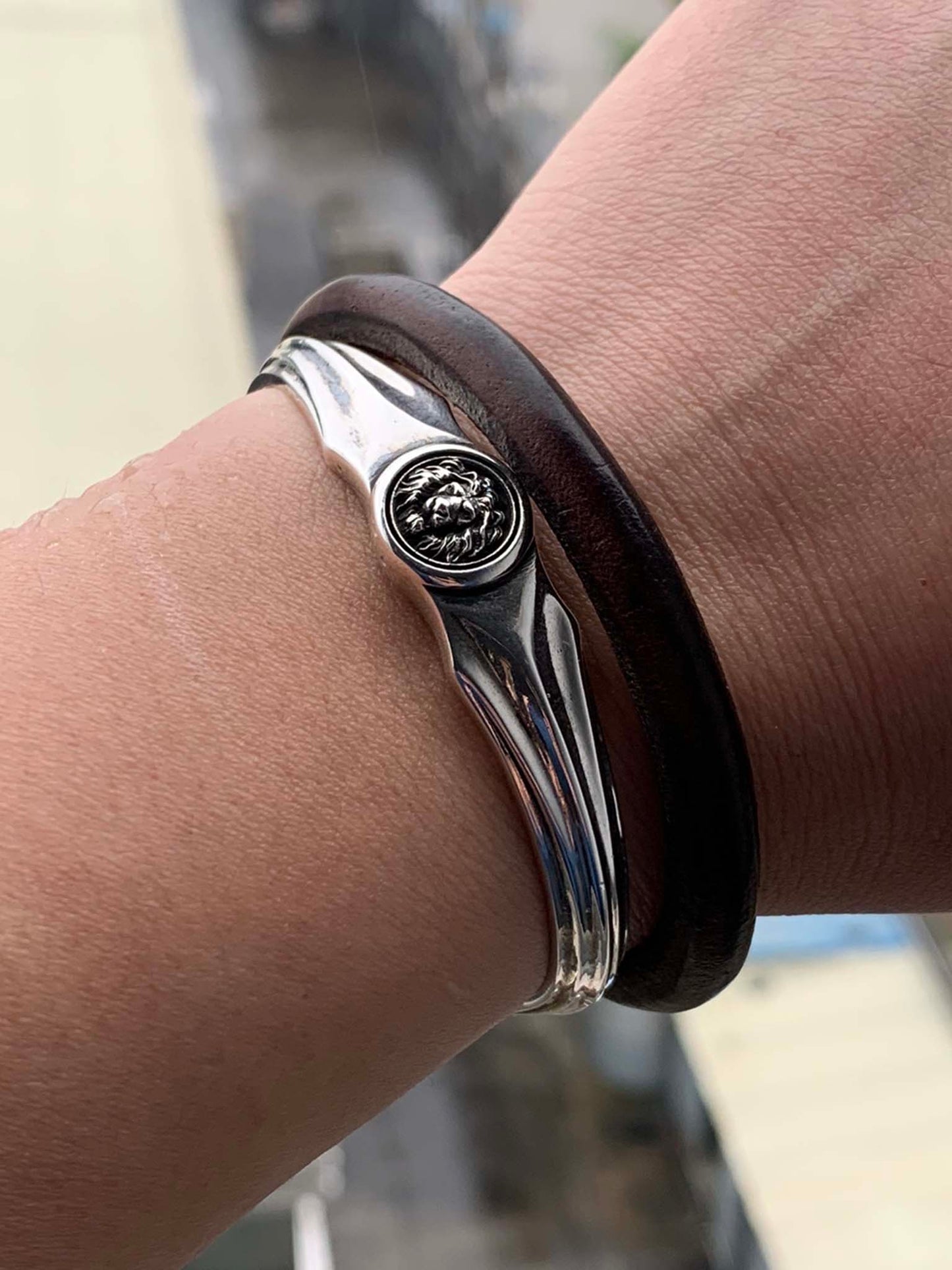 Gothic 925 Sterling Silver & 18K Gold Lion Head Bracelet - Retro Unique Statement Bangle