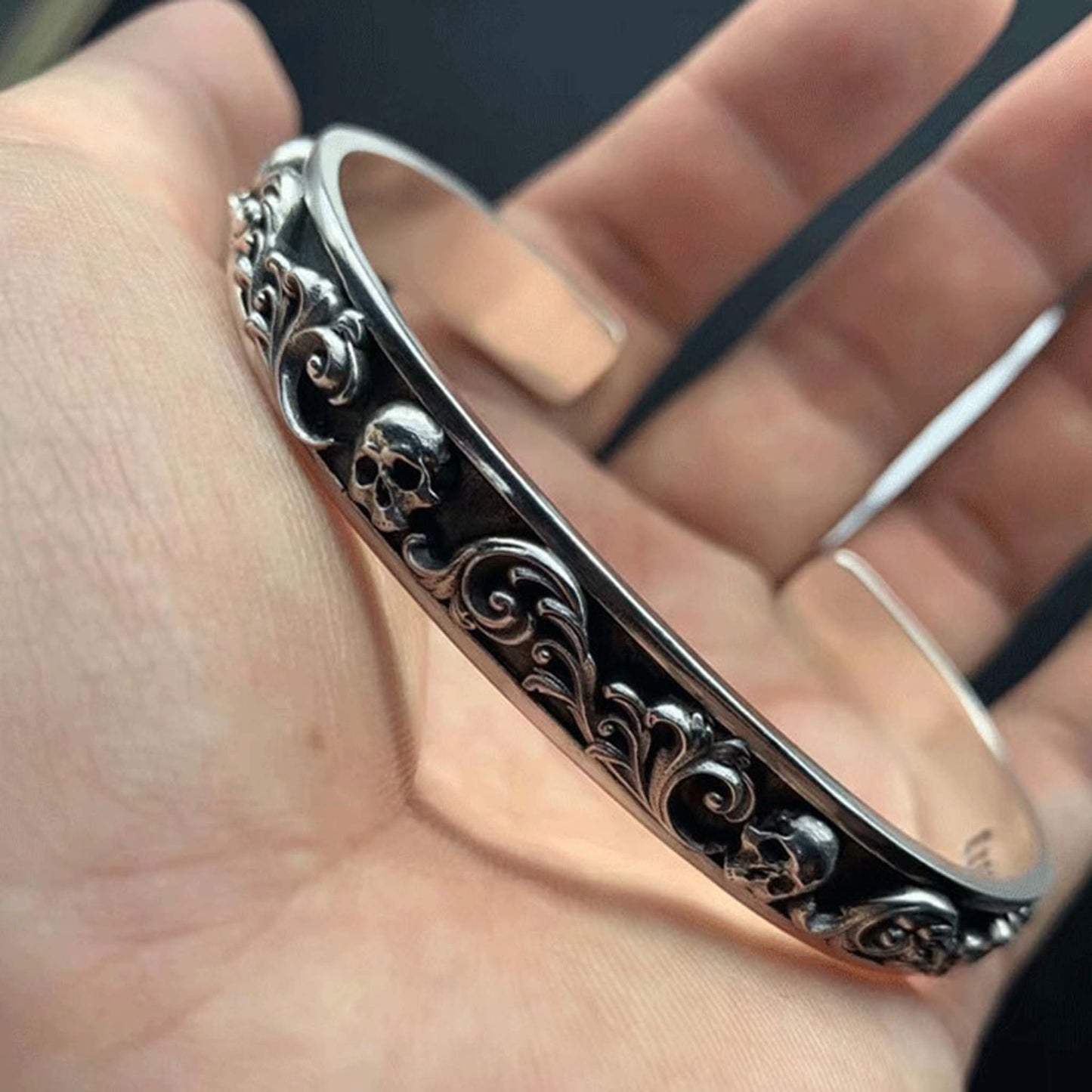 Gothic 925 Sterling Silver Arabesque Skull Bracelet - Retro Unique Statement Bangle