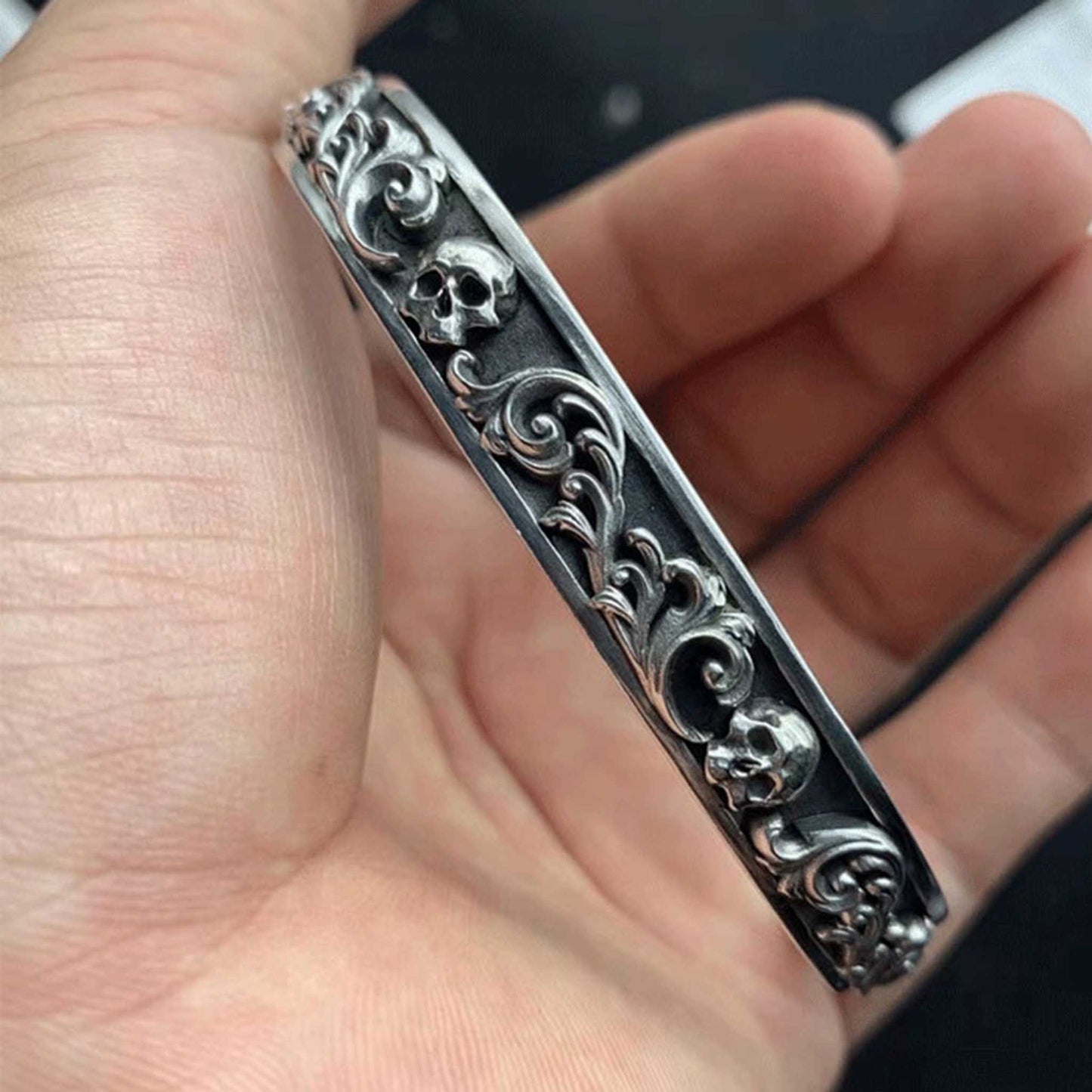 Gothic 925 Sterling Silver Arabesque Skull Bracelet - Retro Unique Statement Bangle