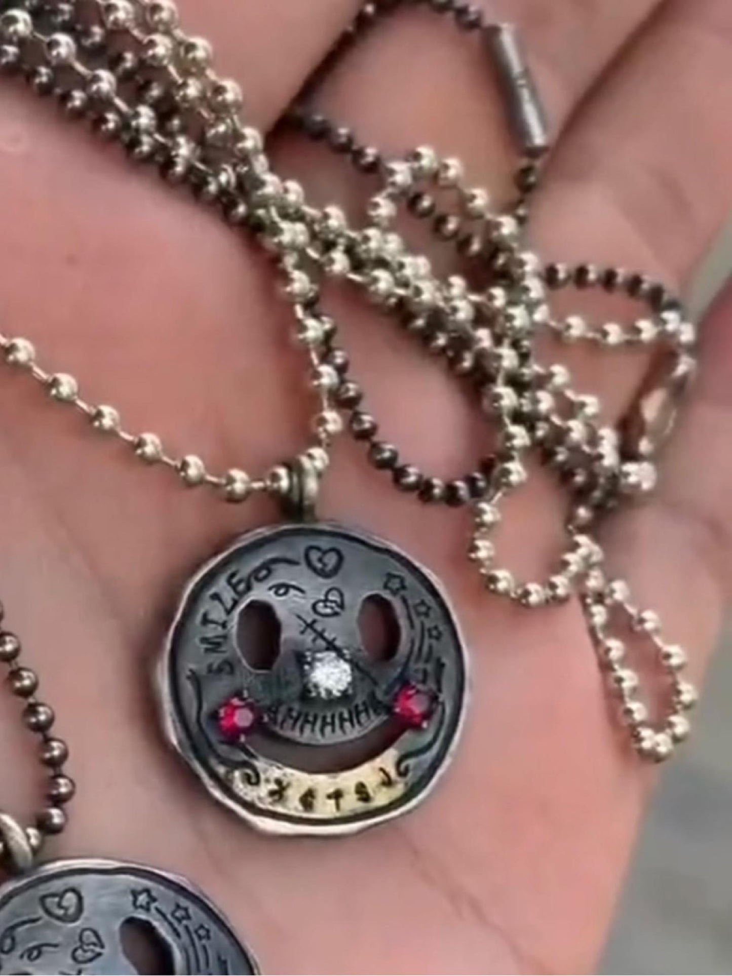 Gothic 925 Sterling Silver & 22K Gold Gilded Smiley Face Pendant - Retro Distressed Unique Necklace for Men & Women