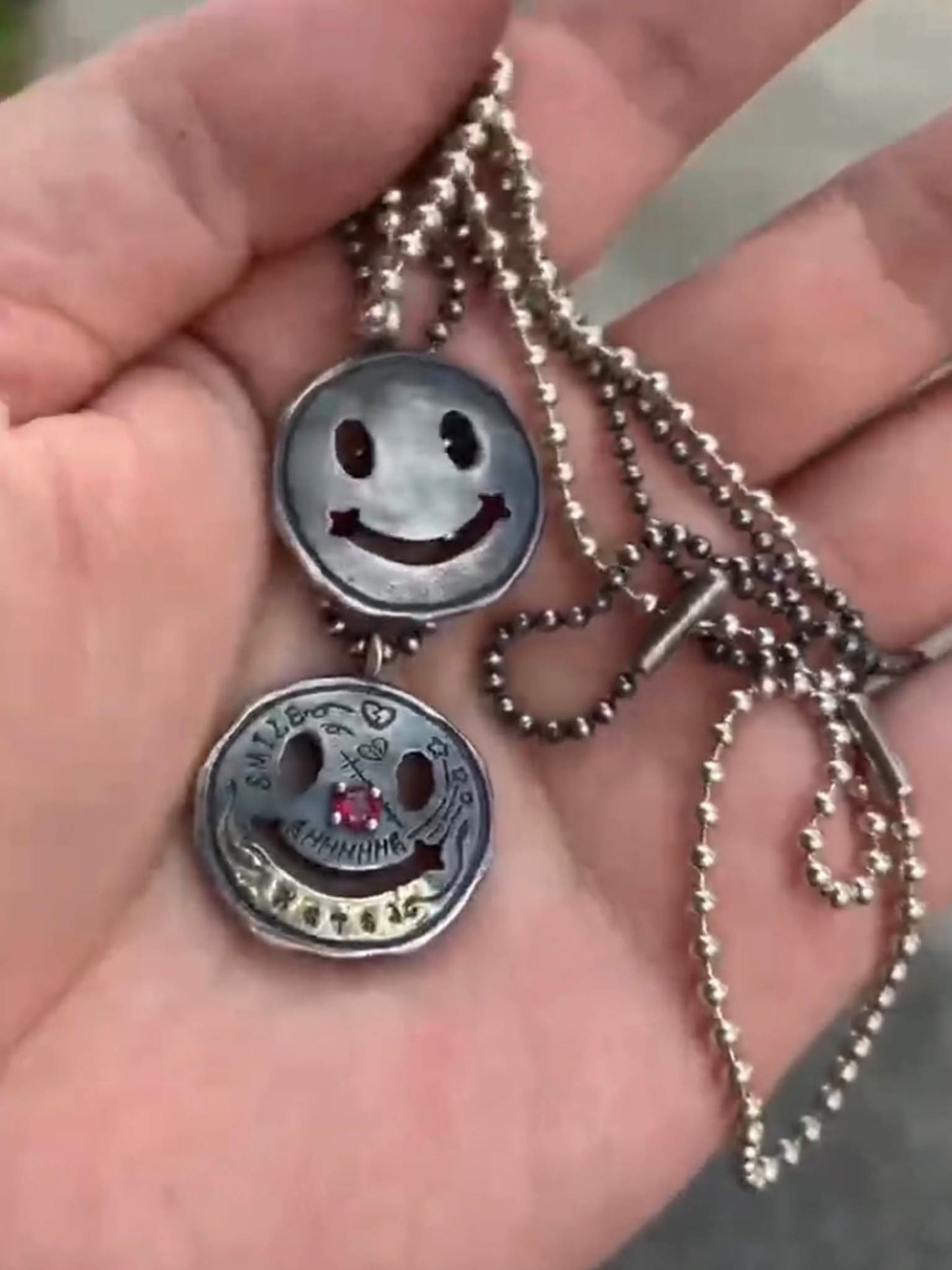 Gothic 925 Sterling Silver & 22K Gold Gilded Smiley Face Pendant - Retro Distressed Unique Necklace for Men & Women