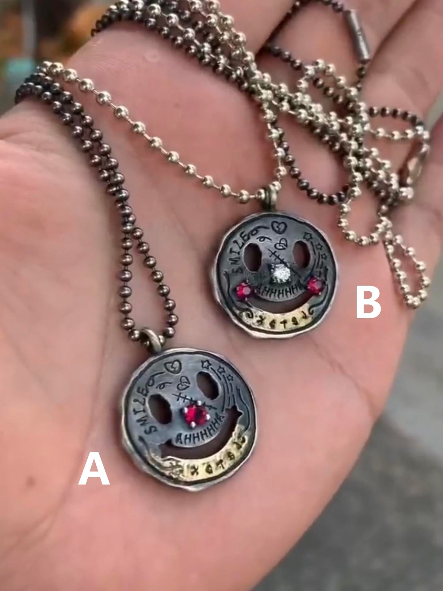 Gothic 925 Sterling Silver & 22K Gold Gilded Smiley Face Pendant - Retro Distressed Unique Necklace for Men & Women