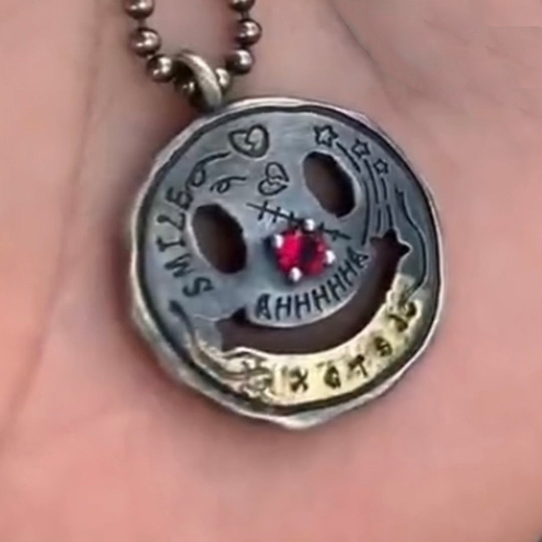 Gothic 925 Sterling Silver & 22K Gold Gilded Smiley Face Pendant - Retro Distressed Unique Necklace for Men & Women
