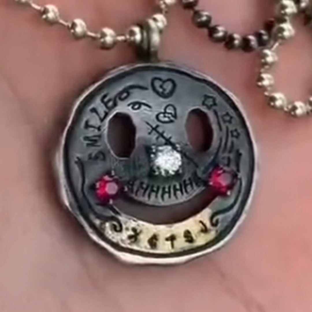 Gothic 925 Sterling Silver & 22K Gold Gilded Smiley Face Pendant - Retro Distressed Unique Necklace for Men & Women