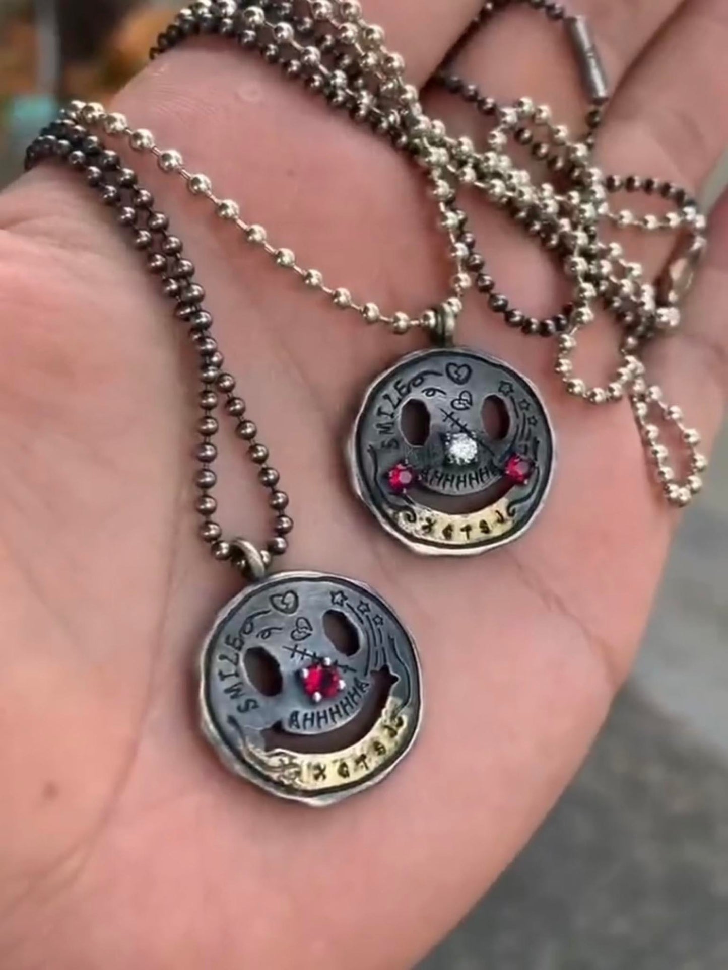 Gothic 925 Sterling Silver & 22K Gold Gilded Smiley Face Pendant - Retro Distressed Unique Necklace for Men & Women