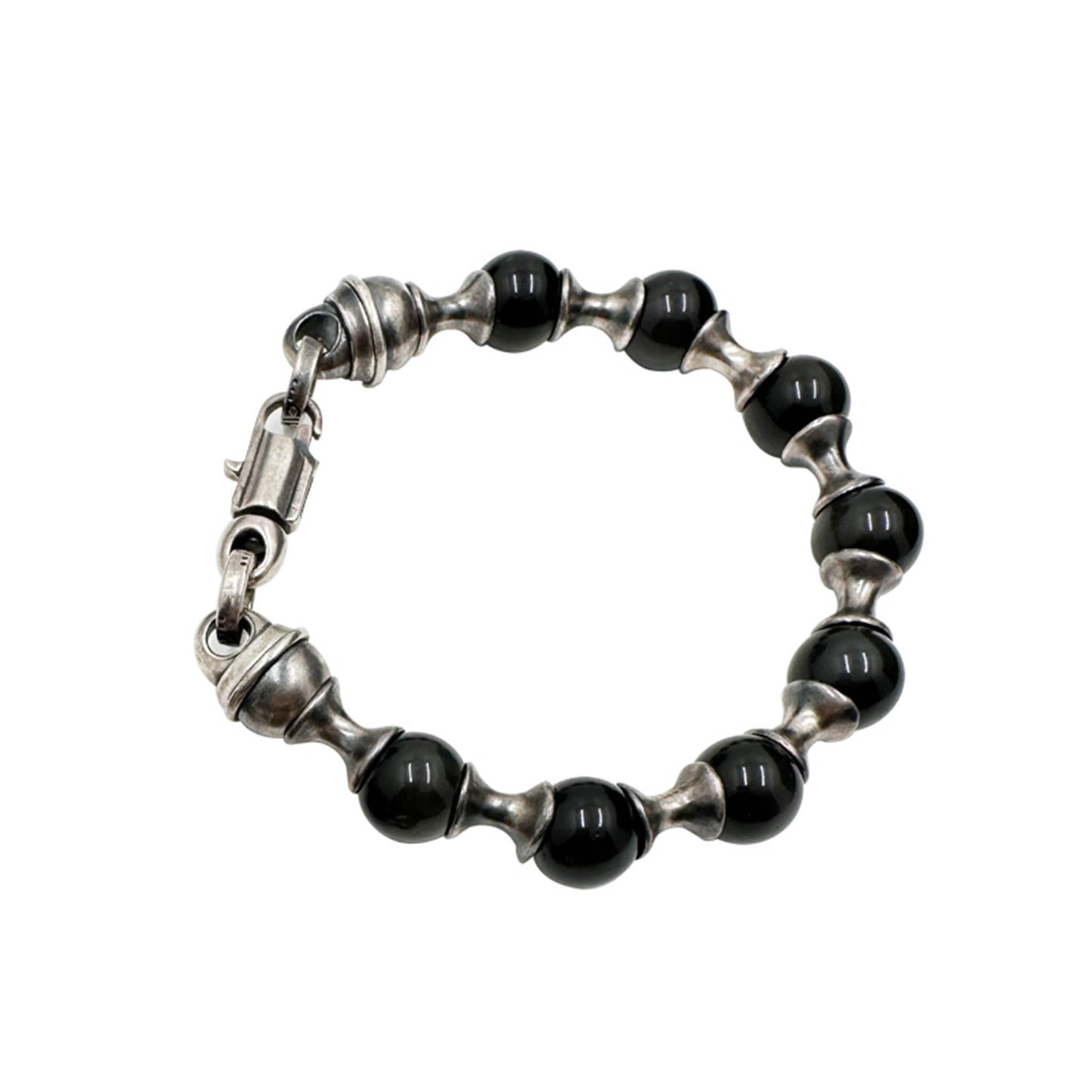 925 Sterling Silver & Fossil Obsidian Beads Bracelet - Retro Unique Statement Couple Bracelet