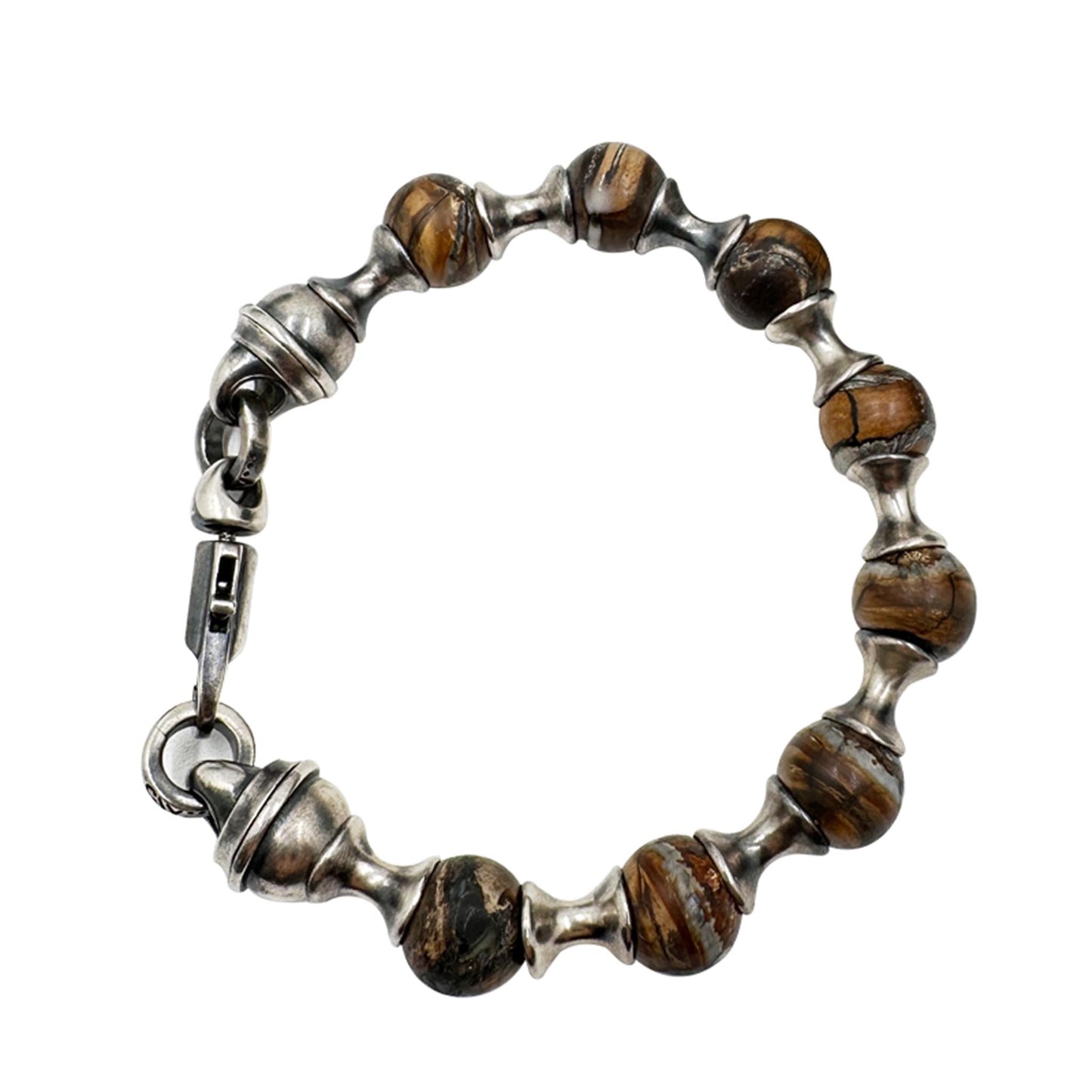 925 Sterling Silver & Fossil Obsidian Beads Bracelet - Retro Unique Statement Couple Bracelet