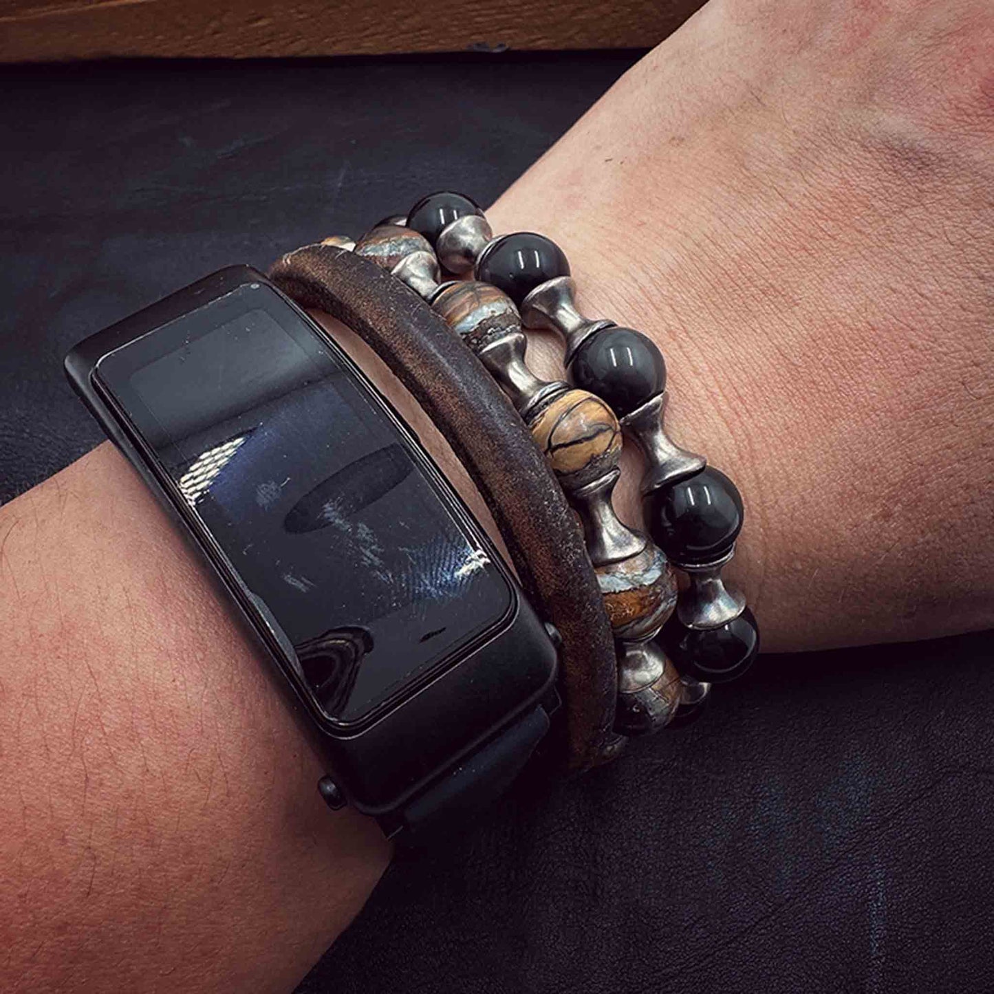 925 Sterling Silver & Fossil Obsidian Beads Bracelet - Retro Unique Statement Couple Bracelet