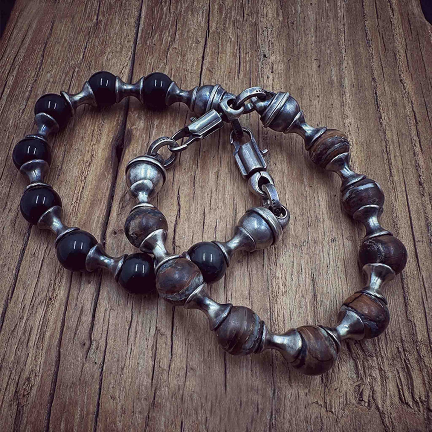 925 Sterling Silver & Fossil Obsidian Beads Bracelet - Retro Unique Statement Couple Bracelet