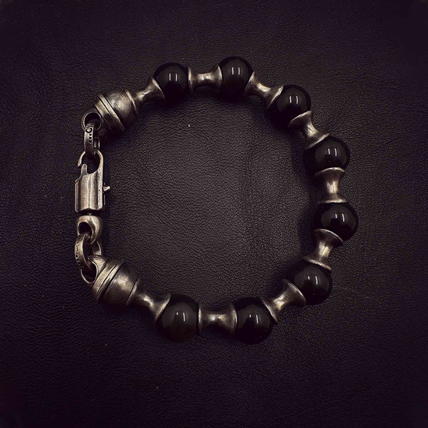 925 Sterling Silver & Fossil Obsidian Beads Bracelet - Retro Unique Statement Couple Bracelet