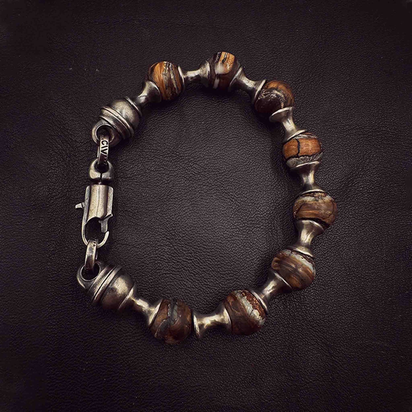 925 Sterling Silver & Fossil Obsidian Beads Bracelet - Retro Unique Statement Couple Bracelet