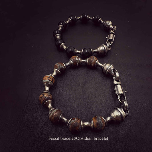 925 Sterling Silver & Fossil Obsidian Beads Bracelet - Retro Unique Statement Couple Bracelet