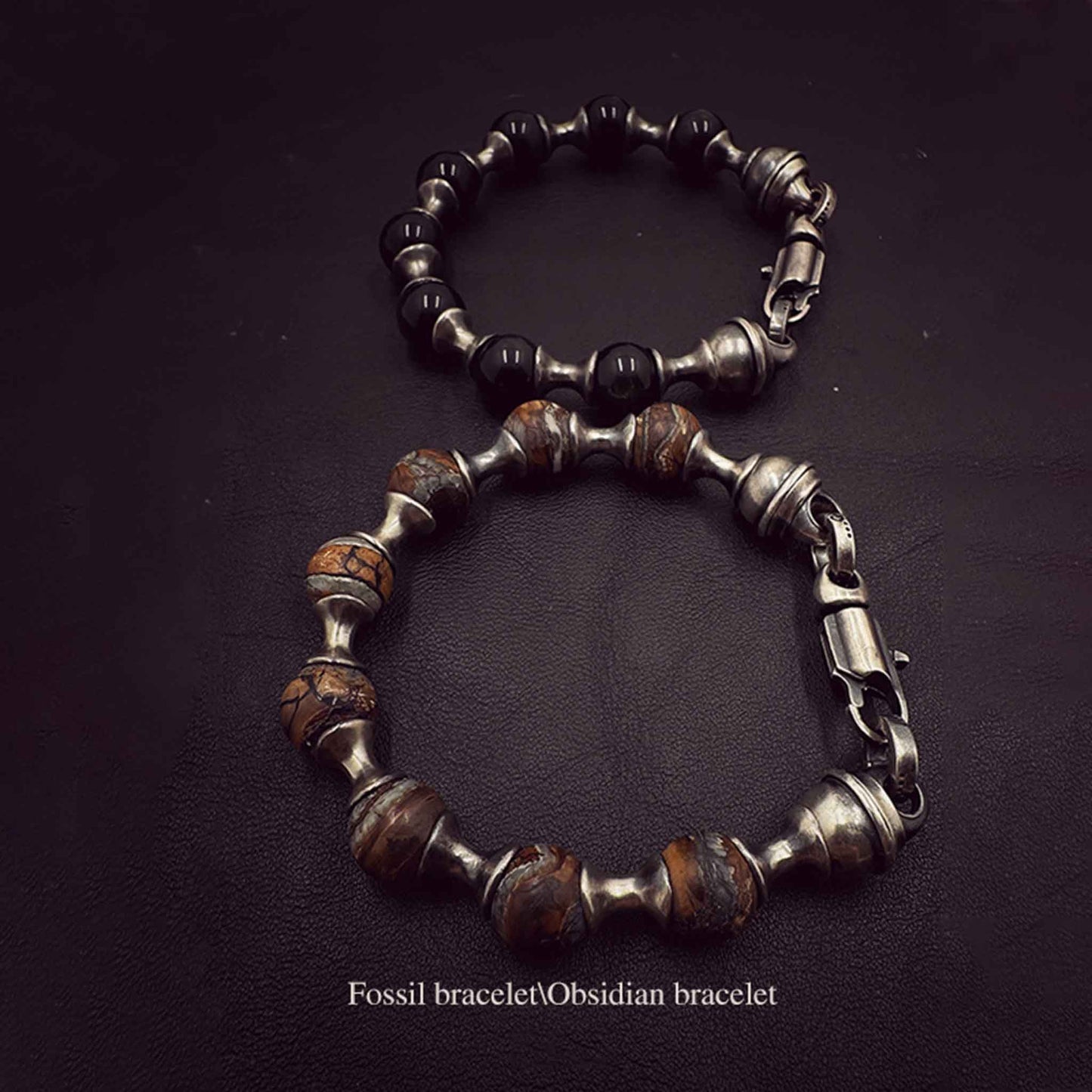 925 Sterling Silver & Fossil Obsidian Beads Bracelet - Retro Unique Statement Couple Bracelet