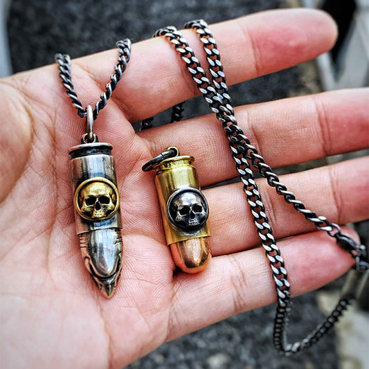 Gothic 925 Sterling Silver Skull Bullet Pendant - Retro Unique Handmade Necklace With Charm