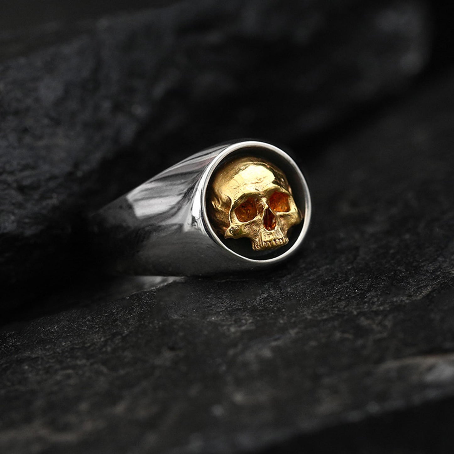 Vintage 925 Sterling Silver & 24K Solid Gold Skull Ring - Retro Gothic Niche Jewelry