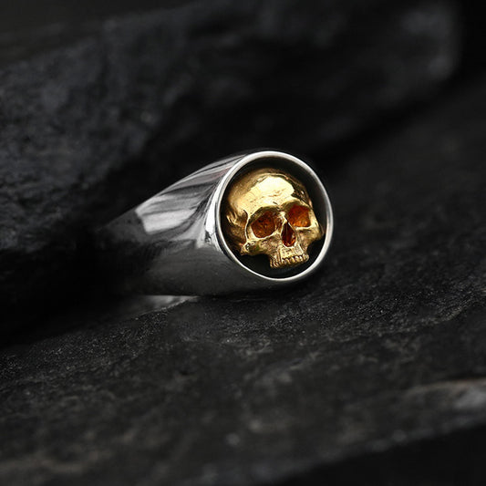 Vintage 925 Sterling Silver & 24K Solid Gold Skull Ring - Retro Gothic Niche Jewelry