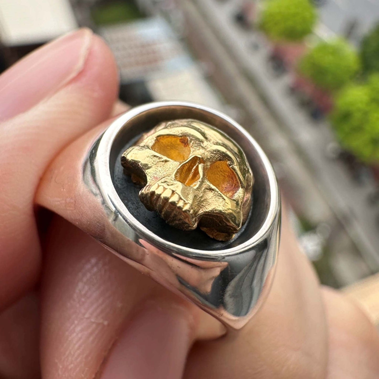 Vintage 925 Sterling Silver & 24K Solid Gold Skull Ring - Retro Gothic Niche Jewelry