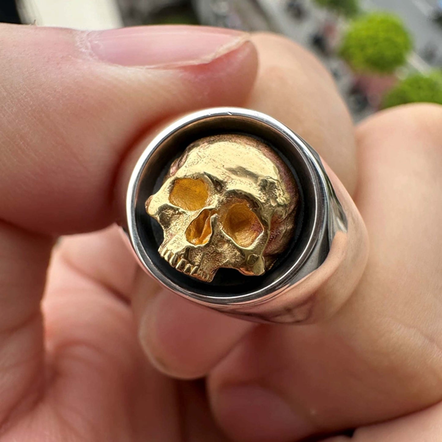 Vintage 925 Sterling Silver & 24K Solid Gold Skull Ring - Retro Gothic Niche Jewelry